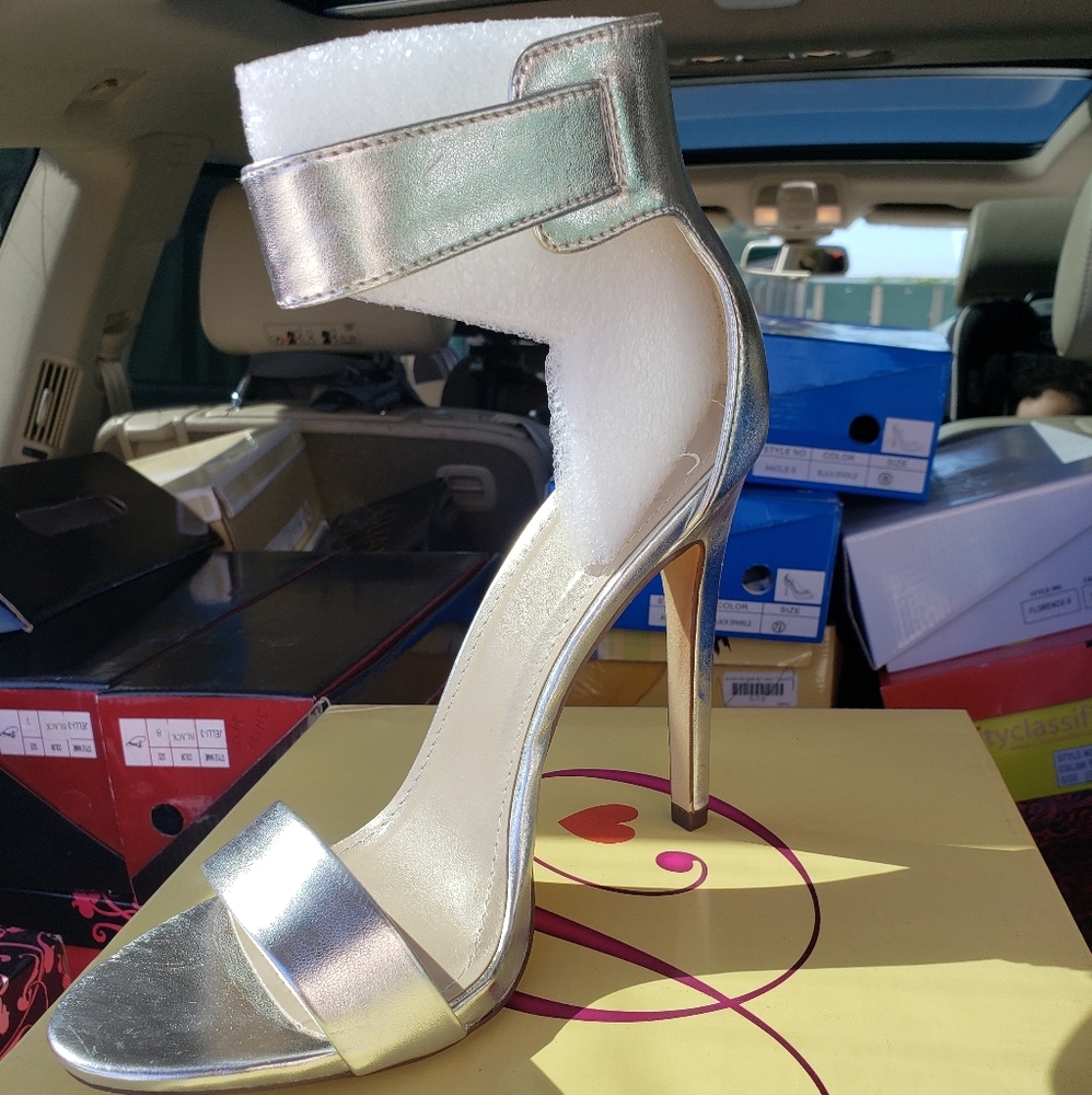 Silver open toe ankle straps heels